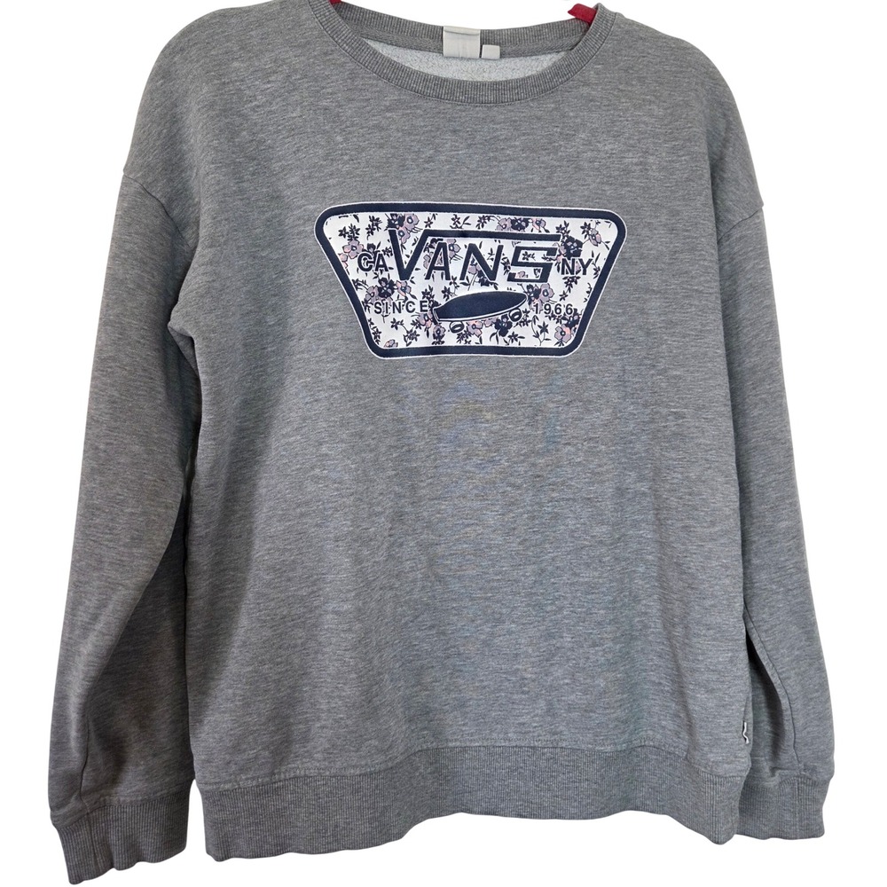 Vans Women's Gray Floral Logo Crewneck Sweatshirt Pullover Casual Small